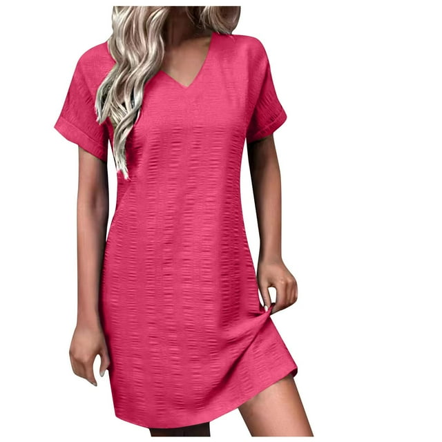 Yuyuzo Robes d'Été pour Femmes 2025 à Col en V à Manches Courtes Tunique T-Shirts de Couleur Unie Robe Coupe Ample Confortable Décontractée Robe de Détente
