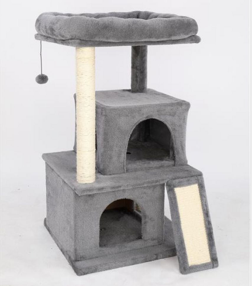 Lowestbest 34" Cat Climb Holder, Three-Tier Stable Cute Sisal Cat Tower for Play and Roost with Two Large House, Gray Lowestbest 34" Cat Climb Holder, Three-Tier Stable Cute Sisal Cat Tower for Play and Roost with Two Large House, Gray