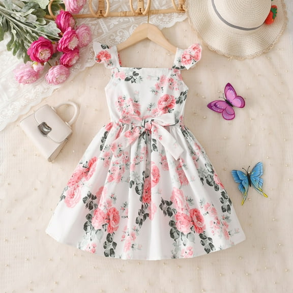 JUoaLXG Toddler Girls Casual Dresses Summer Fly Sleeve Floral Suspenders Dance Party Princess Dress Streetwear,White,3-4 Years
