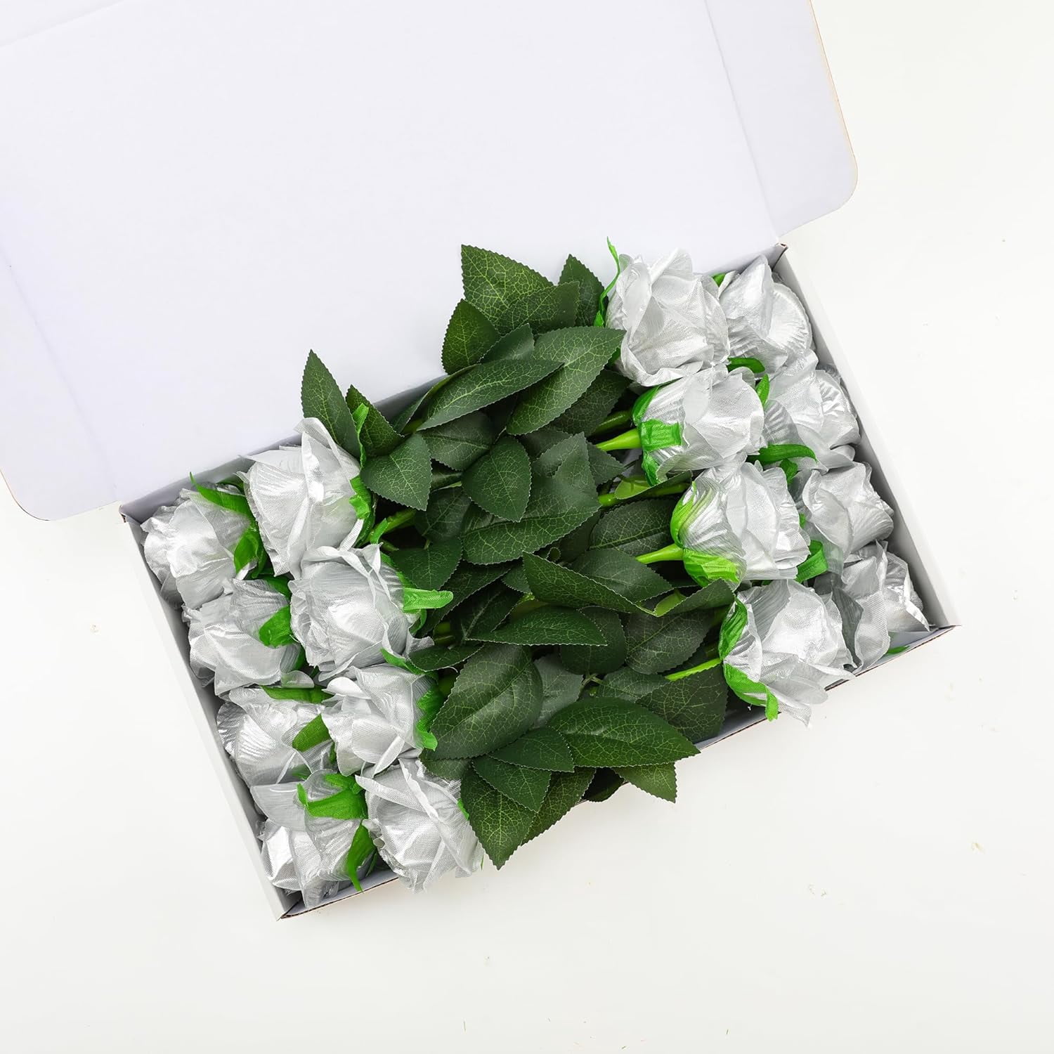 Silver Fake Roses Artificial Flowers - Fake Artificial Roses Silk Flowers with Stems for Home Wedding Hotel Office Centerpiece Decor