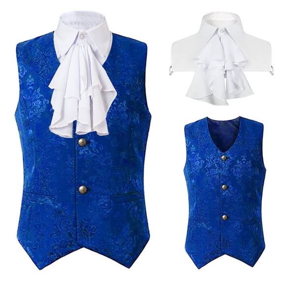 Lilgiuy Men's Halloween Vest Medieval Vintage Solid Color Sleeveless Short Waistcoat with Fake Collar for Party Festival Blue