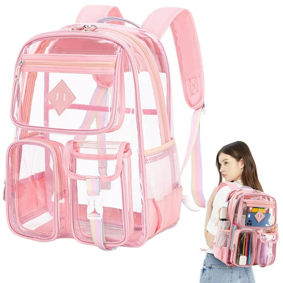 Goohae Clear Backpack, Waterproof Backpack, Pvc Clear Backpack, Stadium Approved Transparent Bookbag with Multiple Pockets, Pink