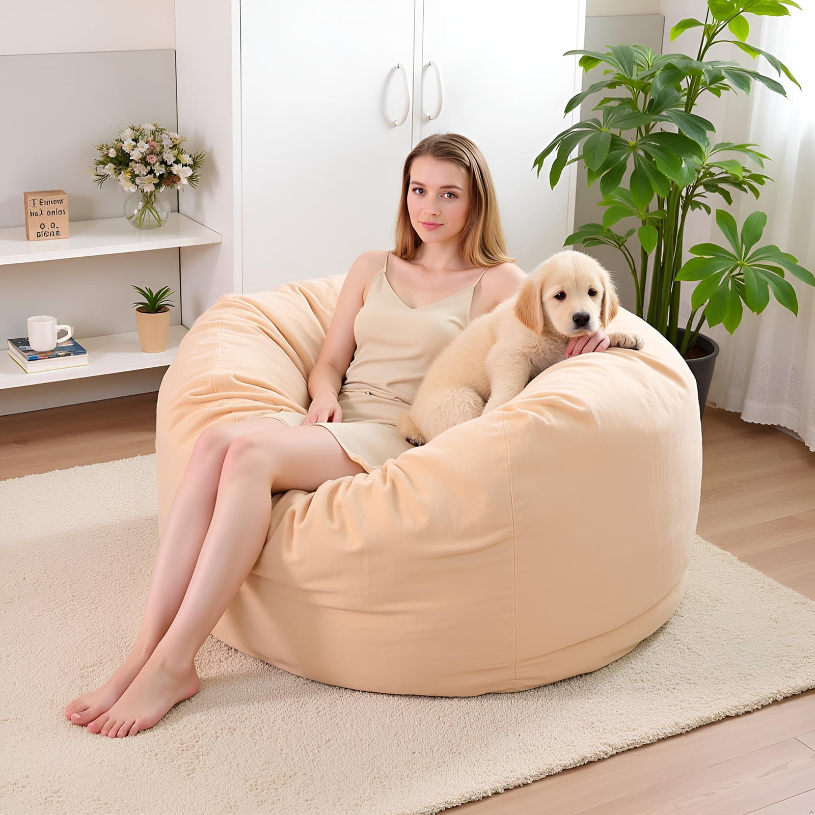 VIREO Bean Bag Chair - 6FT Bean Bag Chairs for Adults Memory Foam Filler Beanbag Chair with Ultra Soft Removable and Washable Flannel Cover, Beanbag Chairs for Living Room - Camel