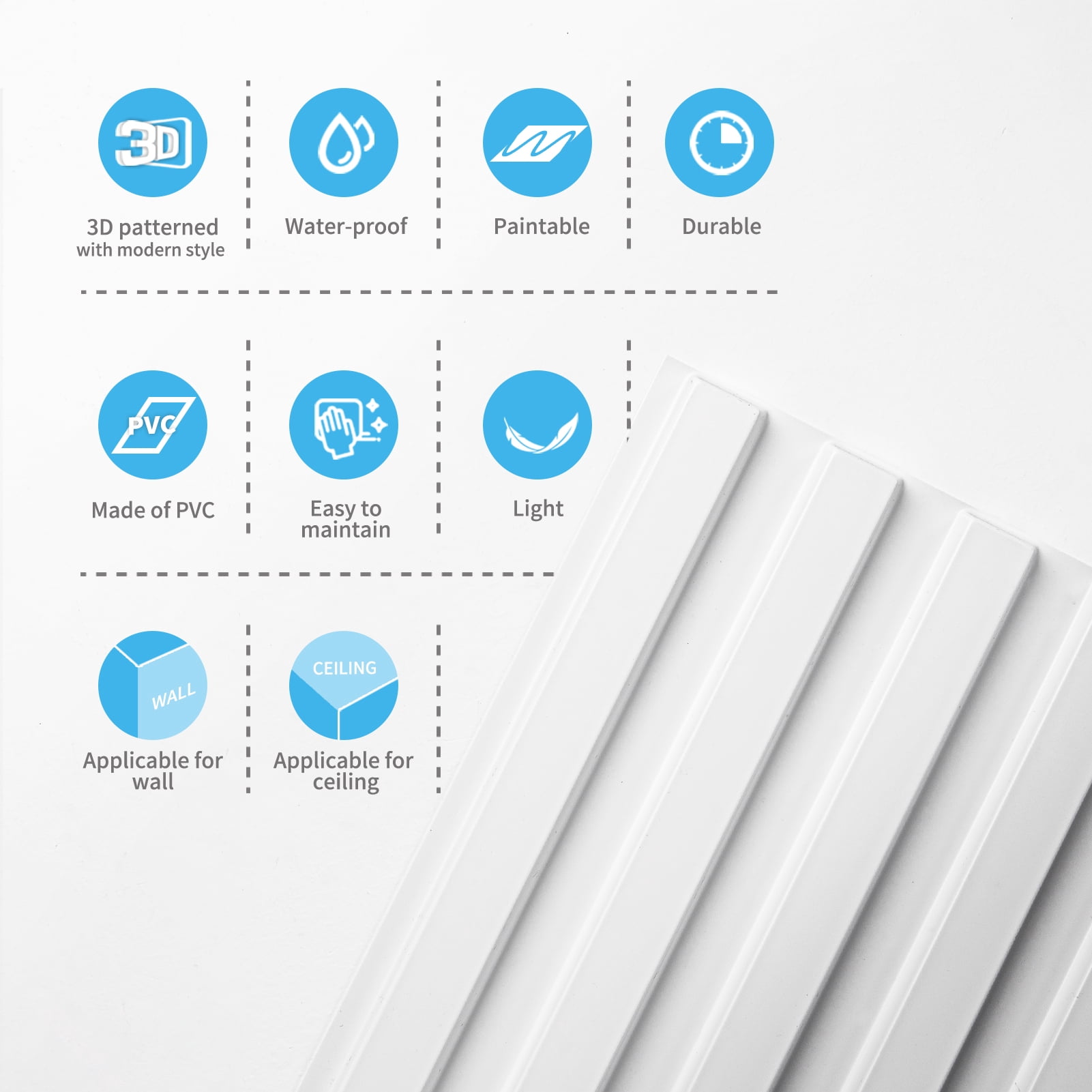 Art3d 3D Slat Wall Panels, White, 19.7x19.7in, PVC, 12 Pieces, Pack