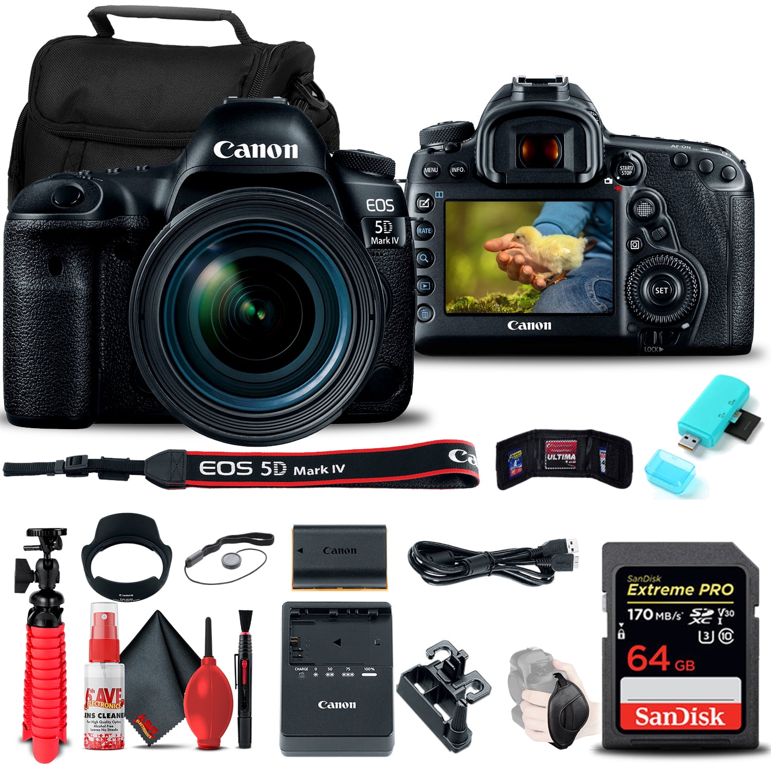 Canon EOS 5D Mark IV DSLR Camera with 24-70mm F/4L Lens (1483C018) + 64GB Memory Card + Card Reader + Case + Flex Tripod + Hand Strap + Cap Keeper + Memory Wallet + Cleaning Kit(International Model)