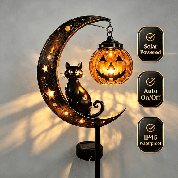 Pumpkin Moon Garden Stake Light, Outdoor Halloween Decorations, Solar Auto On/Off Waterproof Black Cat Halloween Lights with Warm Amber LED for Yard Lawn Porch Pathway