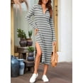 thumbnail image 4 of Womens Striped Sweater Dress Fall Chunky Knit V Neck Collared Long Sleeve Slit Loose Midi Dresses Grey XXL, 4 of 7