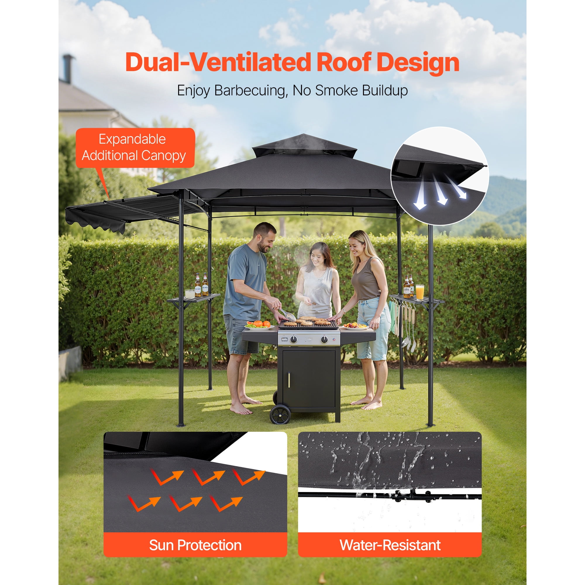 KFFKFF 8 x 5 ft Grill Gazebo with Double-Tier Roof, BBQ Shelter with Awning, Steel Frame, Side Shelves, Bottle Opener & Hooks, Outdoor Canopy for Patio or Garden