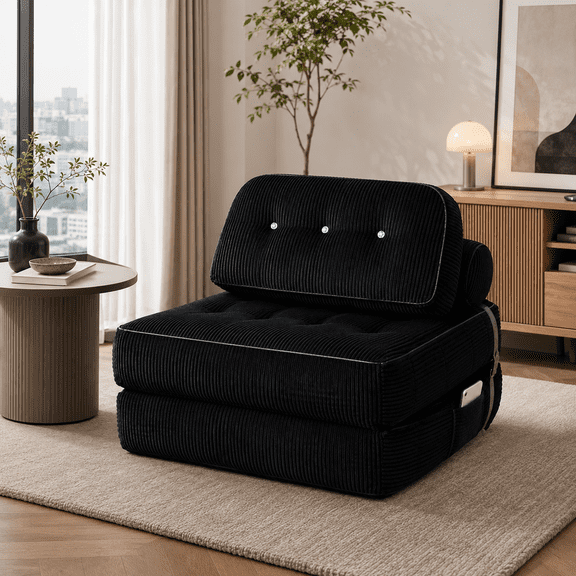 Folding Sofa Bed, Flannel Futon Couch Bed with Pillow and Blanket, Convertible Sleeper Chair for Small Space Apartment Guest Room, Black
