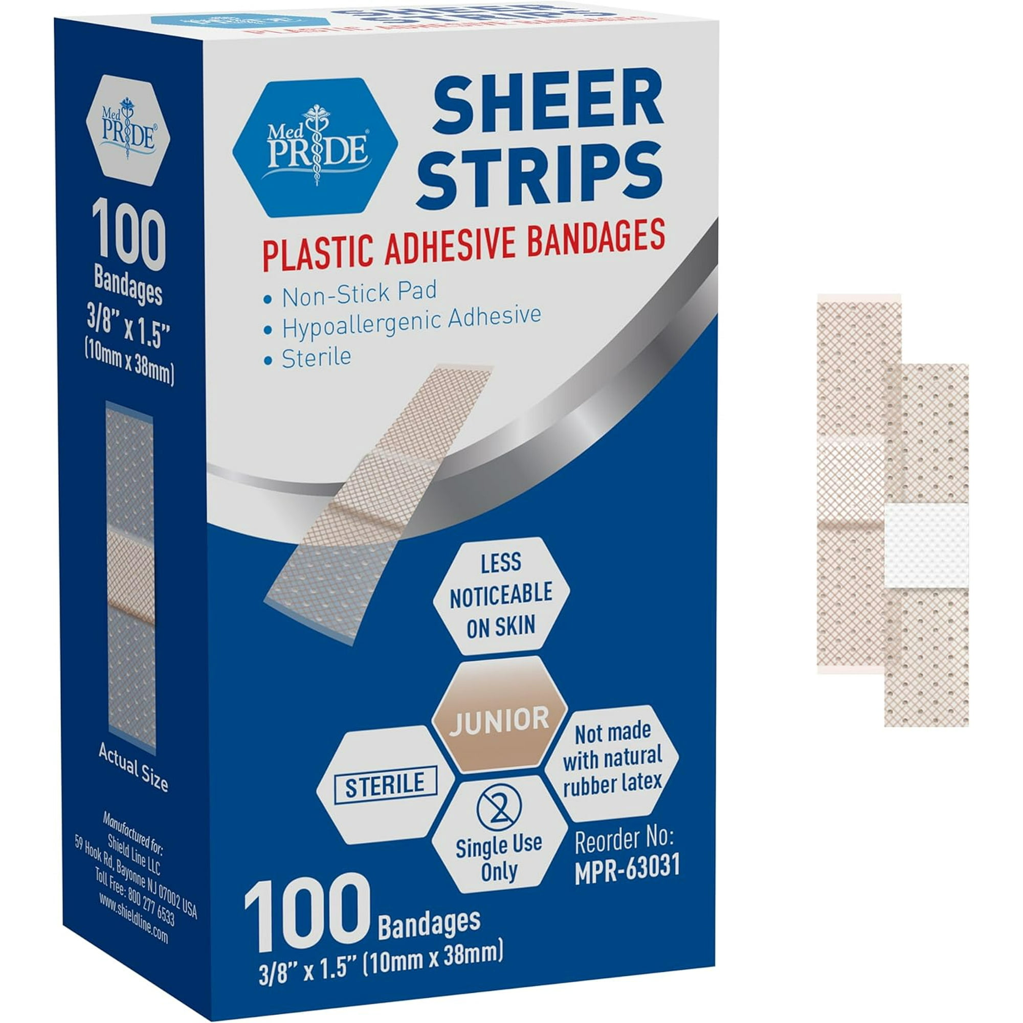 MED PRIDE Sheer Adhesive Bandages for Wounds Plastic Sterile First Aid Strips, 3/8 x 1.5” 100-Pack