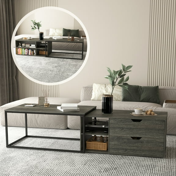 NAIYUFA Nesting Coffee Tables with Storage,2 Pieces  Coffee table with 2 drawers,3 open shelf for living room  ,Saving-space,Gray