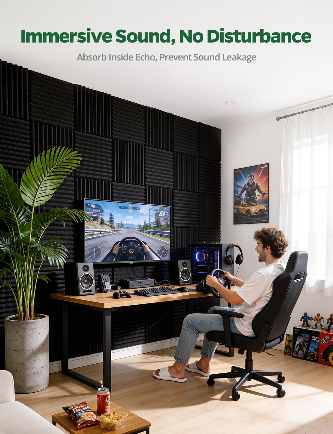 Kuchoow MLV Soundproof Foam Panels for Walls Studio Sound Dampening Panels, Self-Adhesive Acoustic Noise Reduction Panels for Gaming Room & Bedroom, Black 12" x 12" x 1"