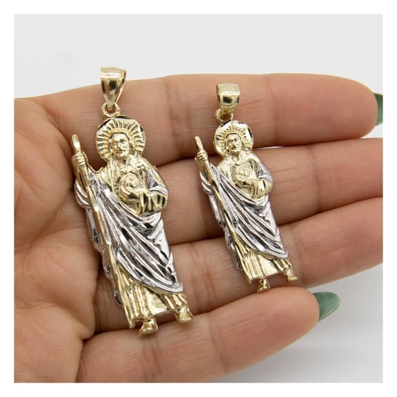 Diamond-Cut Saint Jude with Halo Pendant Unisex Adult Solid 10K Yellow White Gold, All Sizes - Goldum NYC