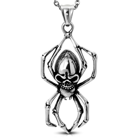 Stainless Steel Silver-Tone Black Spider Skull Pendant Necklace, 22"
