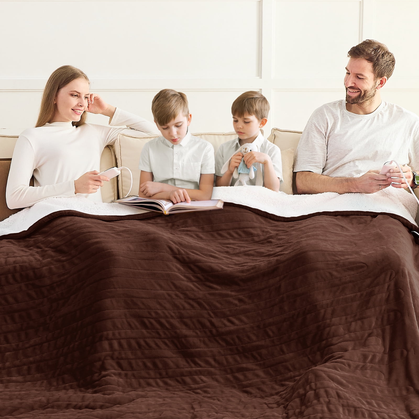 PMONPA Electric Heated Blanket, Flannel & Sherpa Heating Blanket for Adult, Fast-Heating with 10 Heat Levels 5 Time Settings (101"x91", Coffee)