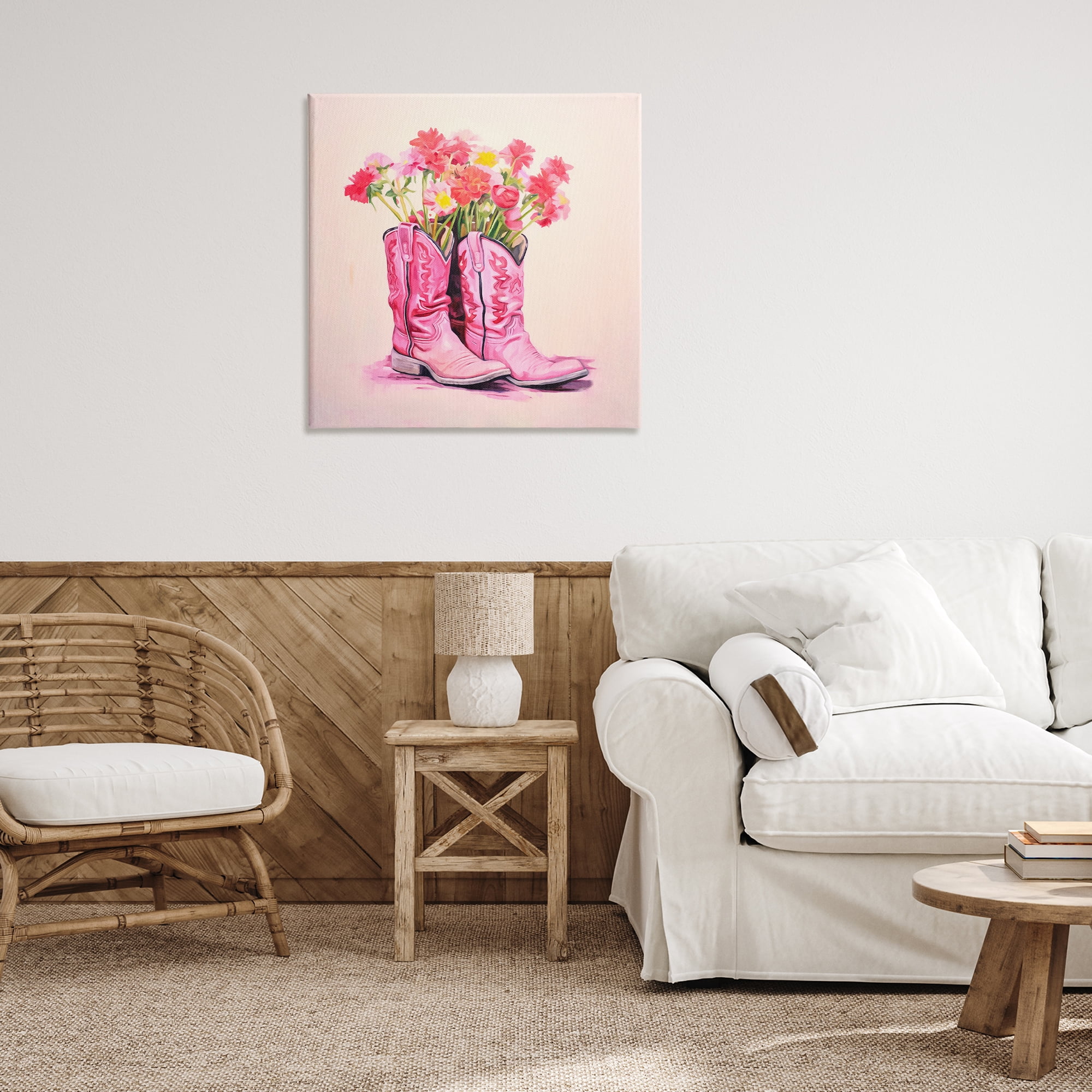 Stupell Industries Pink Blossom Boots Botanical & Floral Painting Gallery Wrapped Canvas Art Print Wall Art, 30 x 30