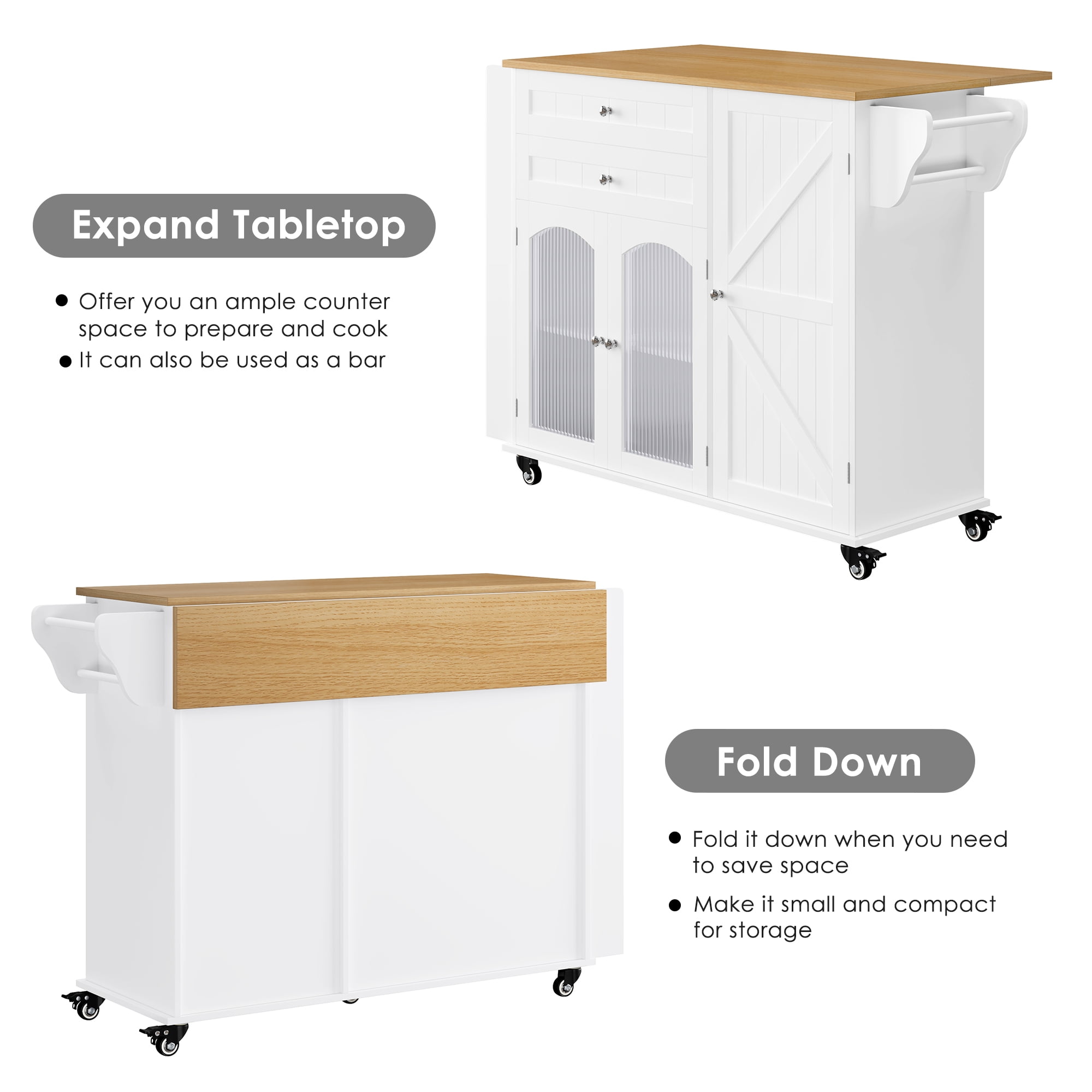 Homfa 43.3" Portable Kitchen Island Cart with Drop Leaf, 3-Doors 2-Drawers Wood Rolling Storage Cart with Spice Rack and Lockable Wheels