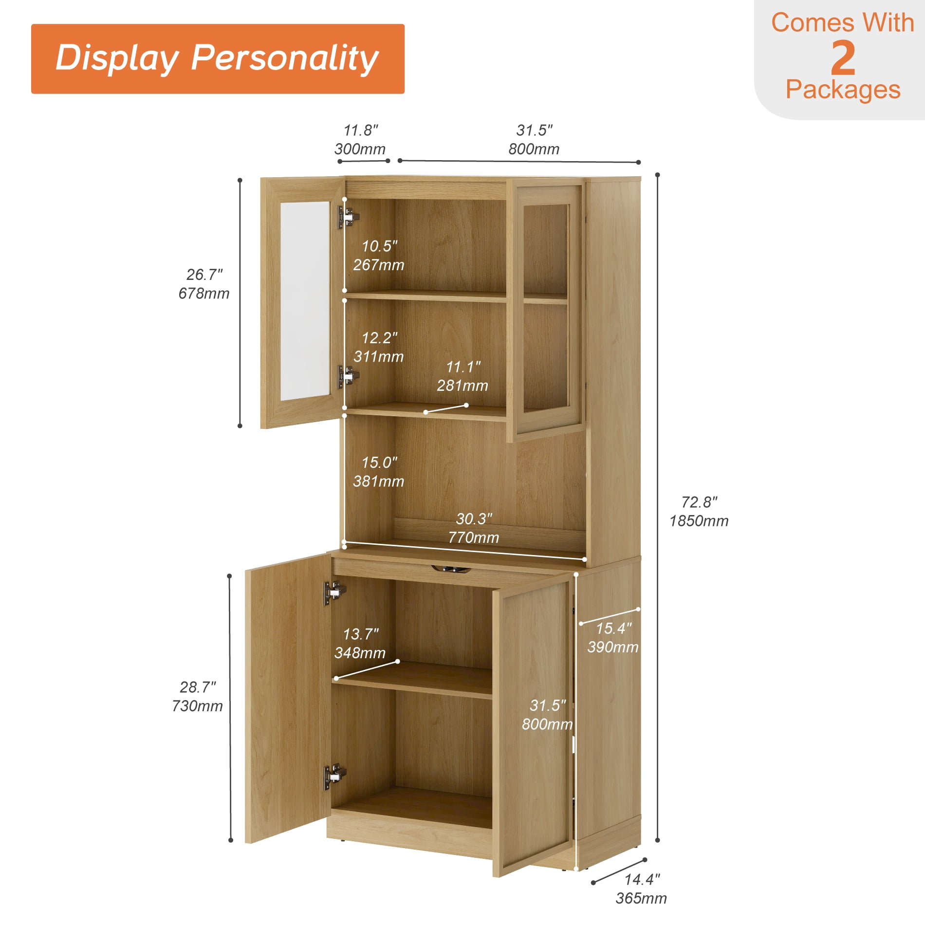 Modern 72" Tall Bookshelf with Glass Doors & Adjustable Shelves, Wood Bookcase with Closed Storage Cabinet,Oak