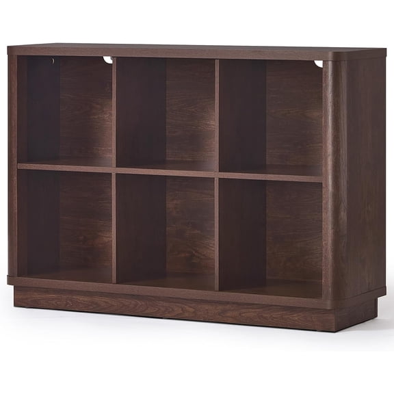 6 Cube Bookcase, 40" Wide Low Horizontal Book Shelf w/Curved Edge, Wood Floor Standing 2-Tier Bookshelf with Base, Modern Short Storage Organizer for Bedroom,Office, Walnut