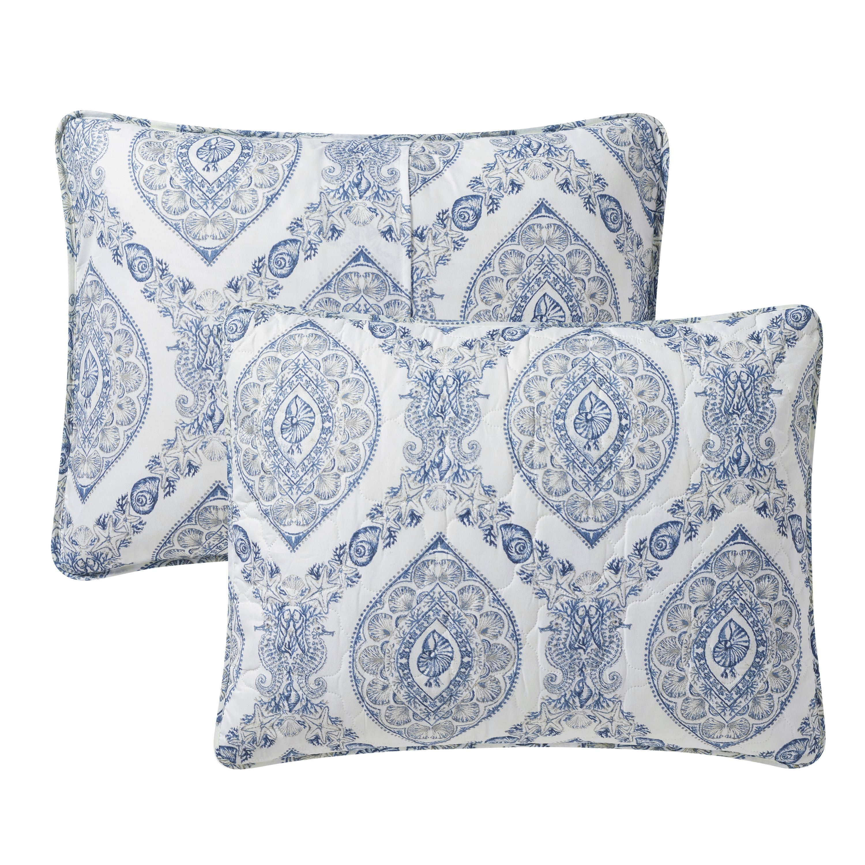 VCNY Home Sea Damask Coastal 3-Piece Blue/Multicolor Damask Quilt Set, King, Adult, Unisex