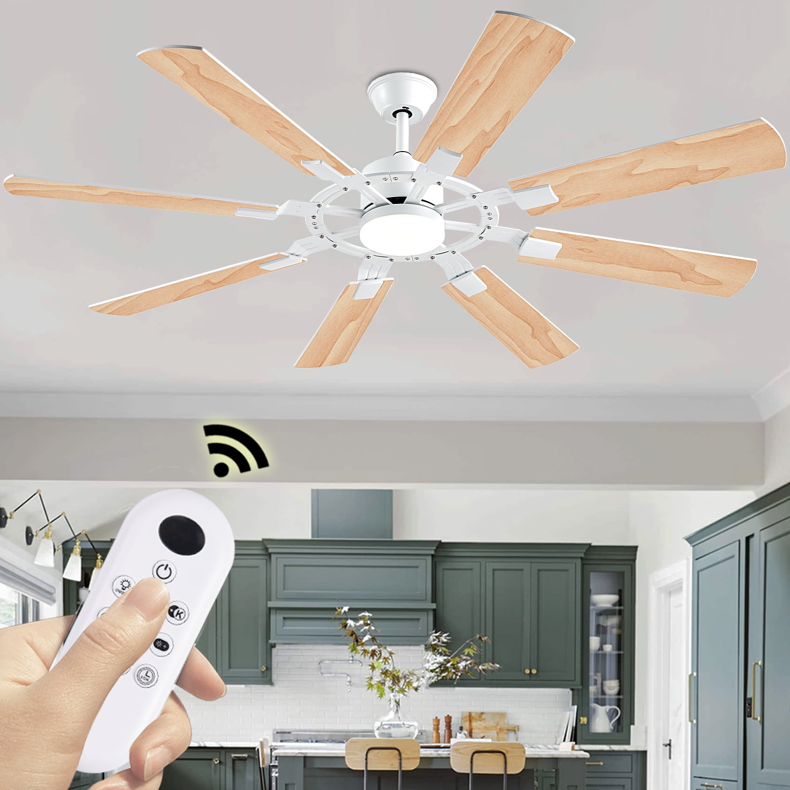 62 Inch Ceiling Fans with Lights, Large Low Profile Ceiling Fan with Remote Control, 8 Double Sided Blades， 6 Speed Reversible DC Motor, Silent Timing, White Indoor & Outdoor Ceiling Fan