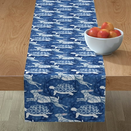 

Cotton Sateen Table Runner 108 - Hare Blue White Rabbit Turtle Easter Animal Bunny Whimsical Kids Folk Tale Spring Indigo Watercolor Print Custom Table Linens by Spoonflower