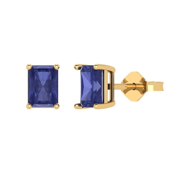 1 ct Push-Back Stud Earrings for Women | 6x4mm Emerald Cut Simulated Tanzanite | 18K Yellow Gold