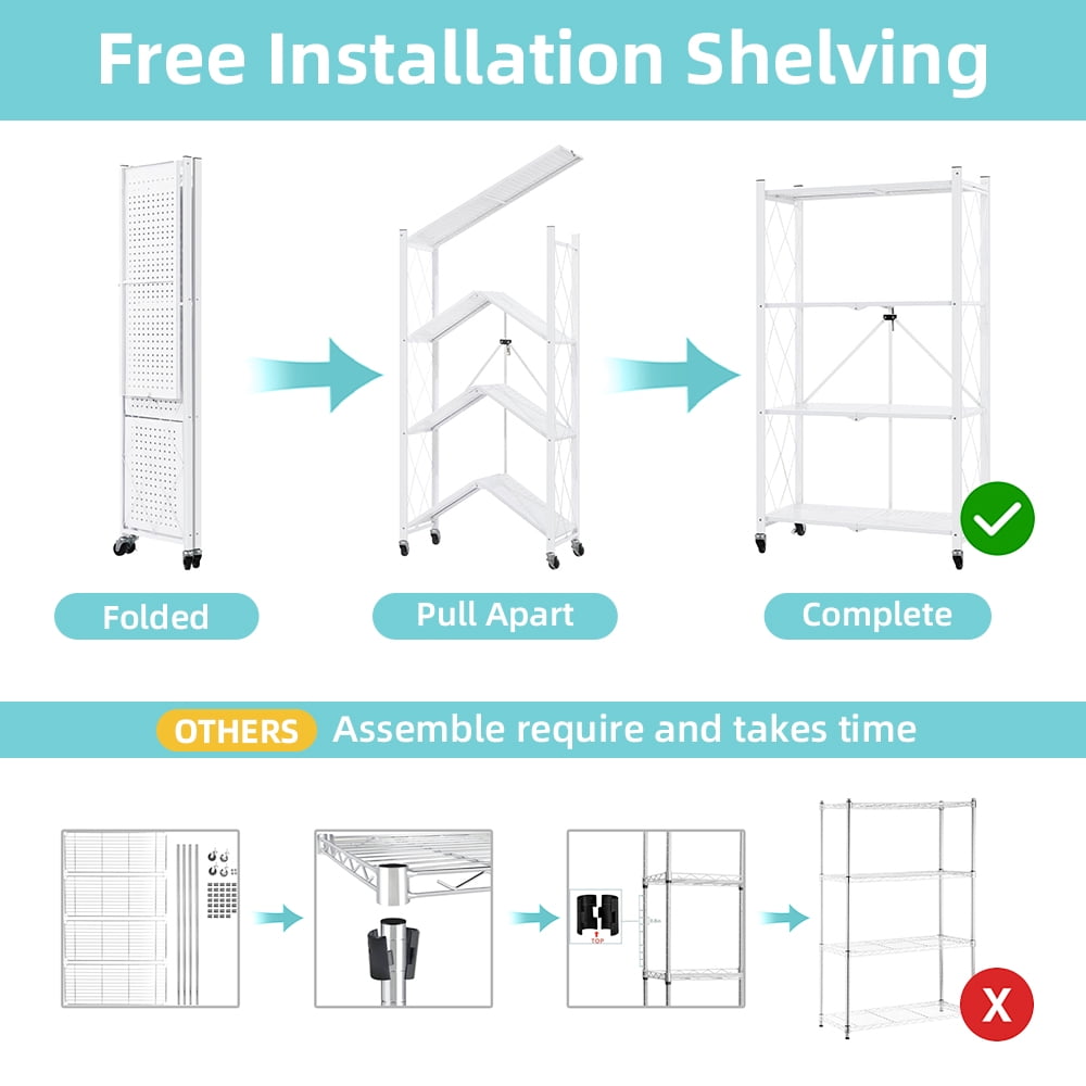 COOKCOK 4-Tier Storage Shelving Unit, Metal Shelf, Foldable Storage Shelf with Wheels, 27.9"x13.4"x49.72" Garage Shelf, Kitchen Shelf with 4 Hooks, No Assemble Require, White