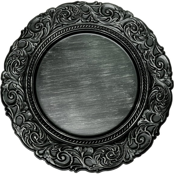 Simply Elegant Antique Look Plastic Charger Plate | Service Plate for Parties, Dinner, Weddings, Quinceaneras and Events | 13 inch Diameter | Black- Gloss Finish | Set of 12