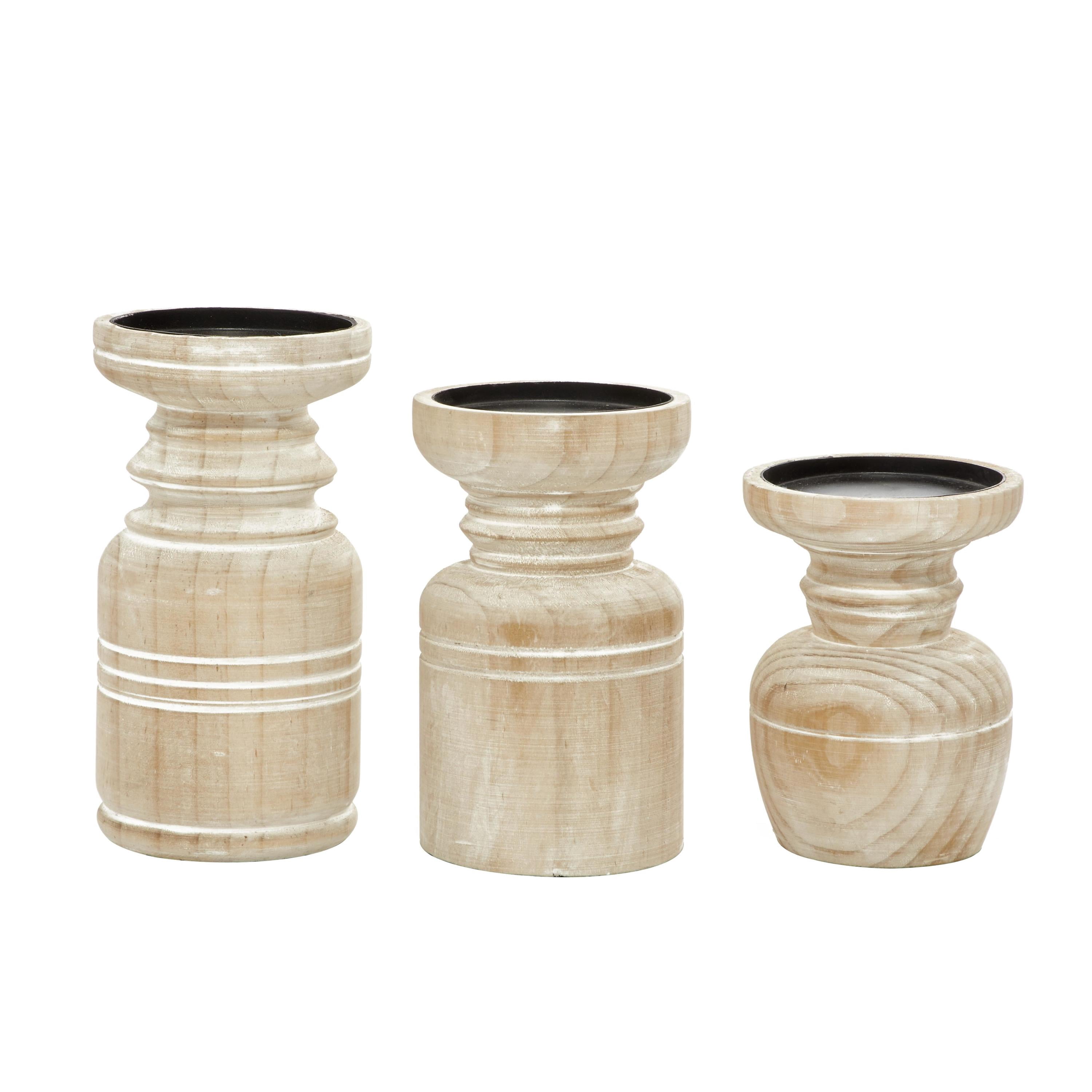 DecMode 3 Candle Brown Wood Pillar Candle Holder with White Wash Finish, Set of 3