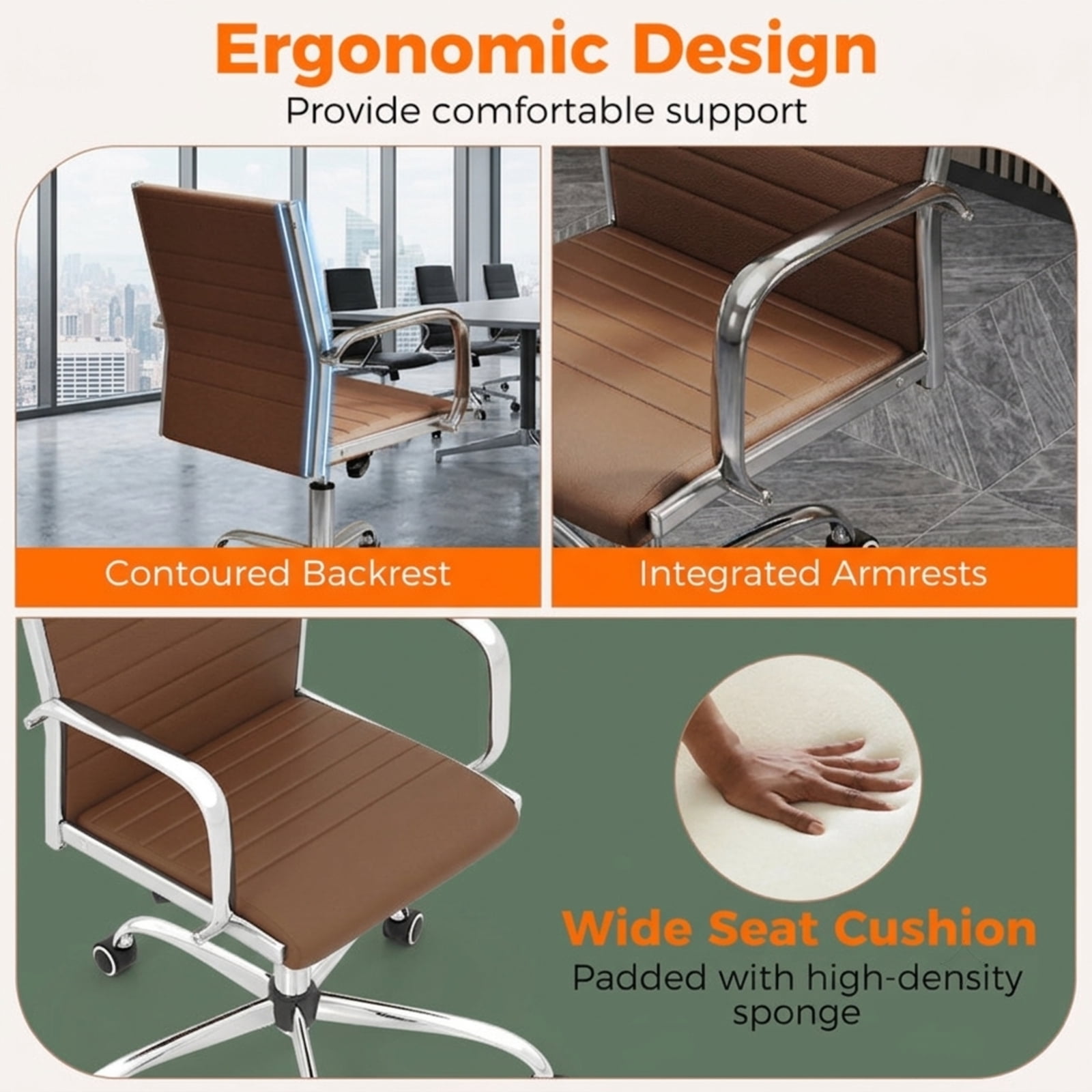 Furnibear Height Adjustable Office Chair Conference Room Chair with Rocking Backrest and Armrests for Home Office Desk Work, Brown