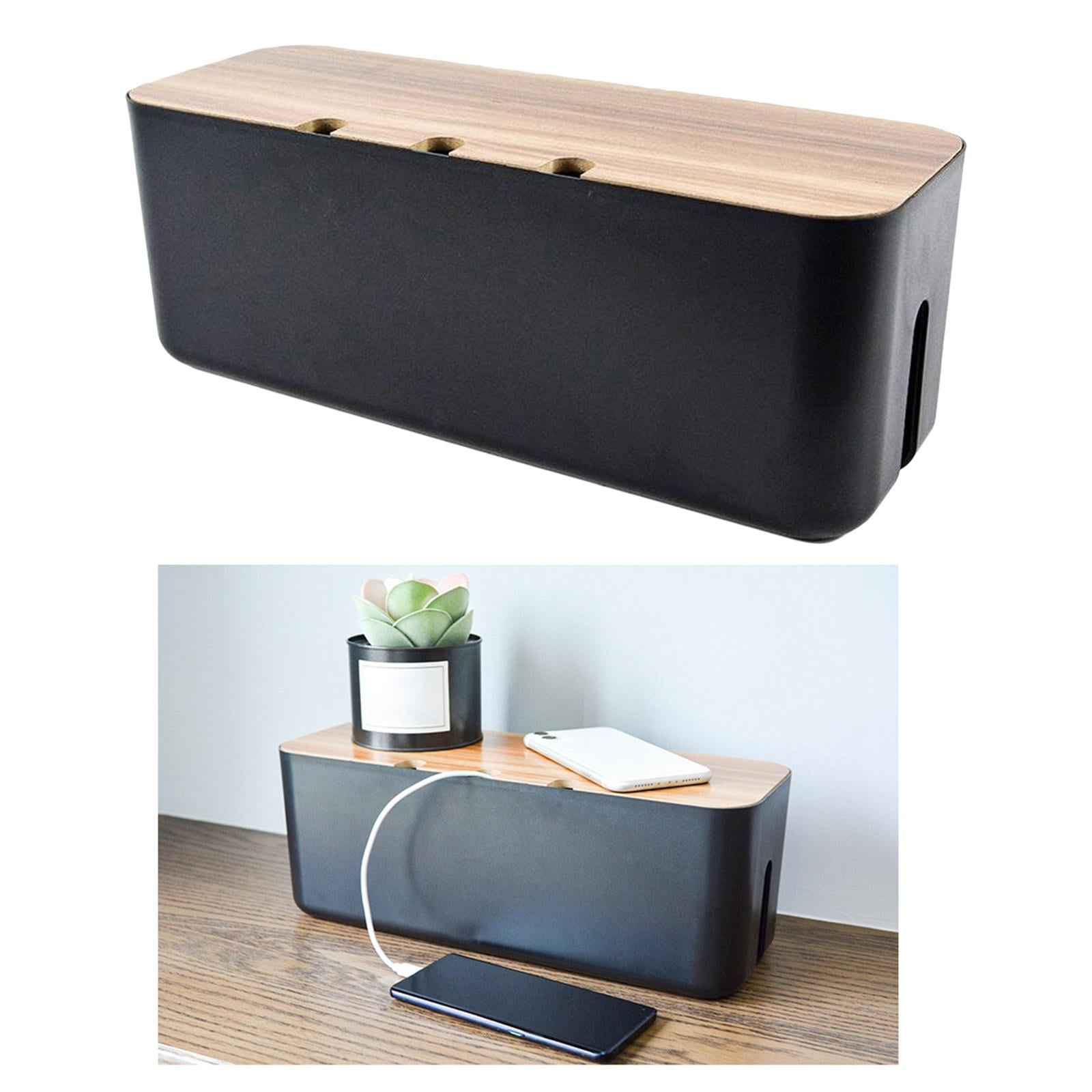Nishiyuenyi Cable Management Box, 11x4x4.5", Wooden Lid, Cord Organizer for Home/Office/Kitchen Black