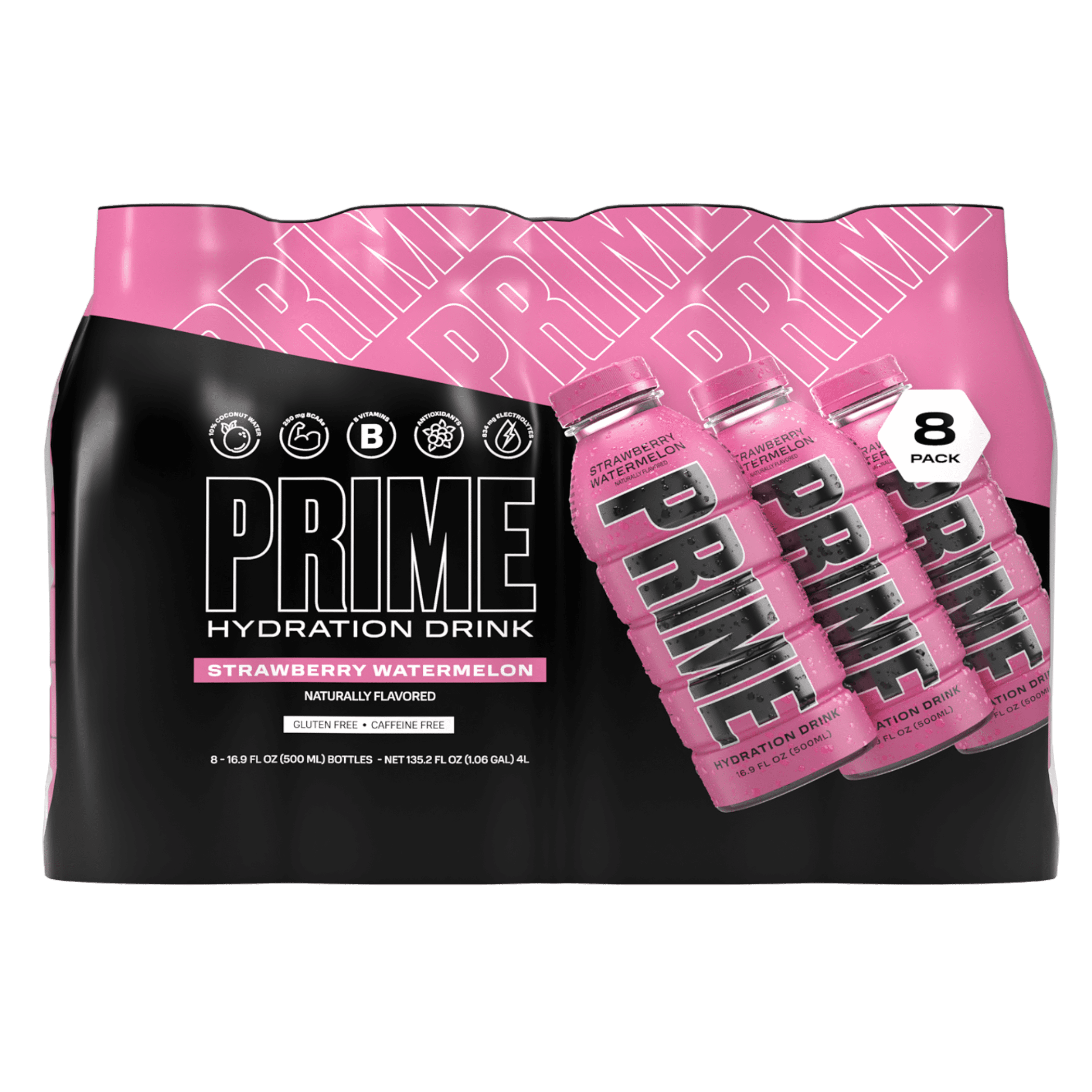 Prime Hydration Drink, Strawberry Watermelon, 16.9 fl oz, 8 Pack Bottle