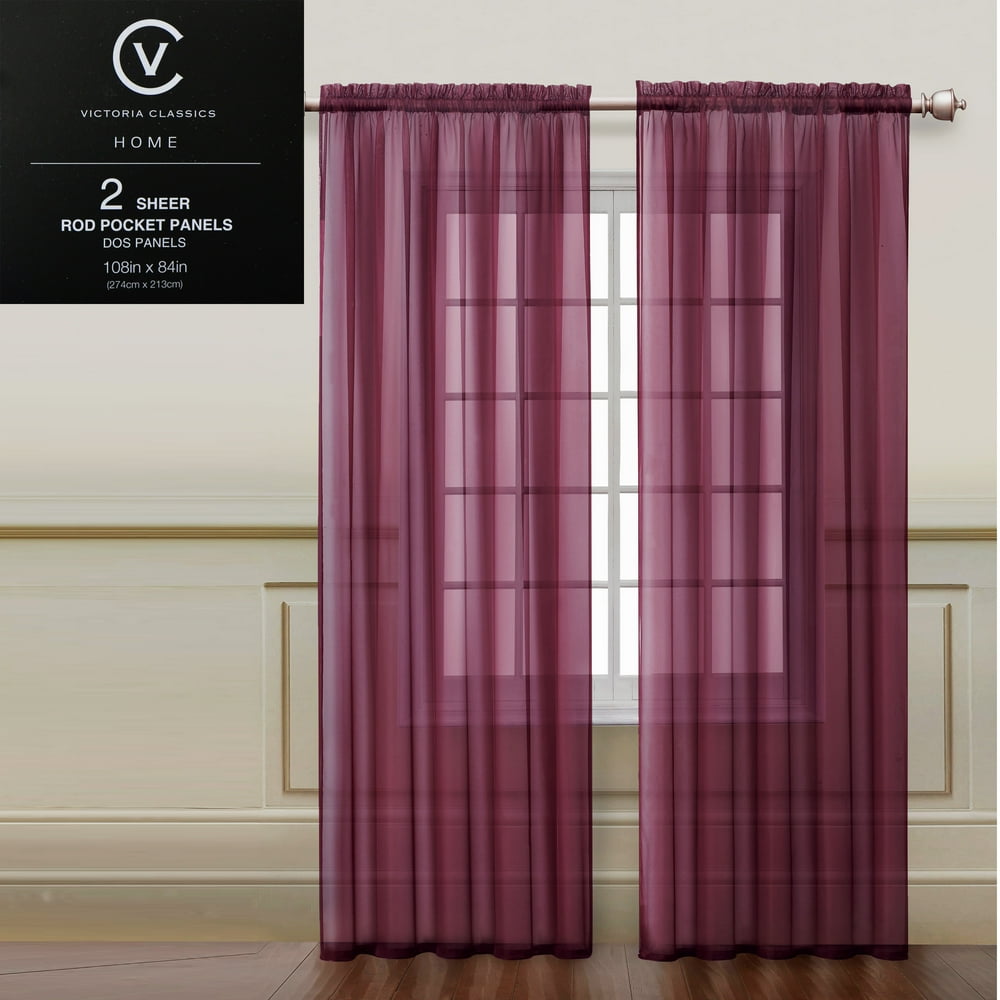 Two (2) Burgundy Sheer Rod Pocket Window Curtain Panels 108"W x 84"L