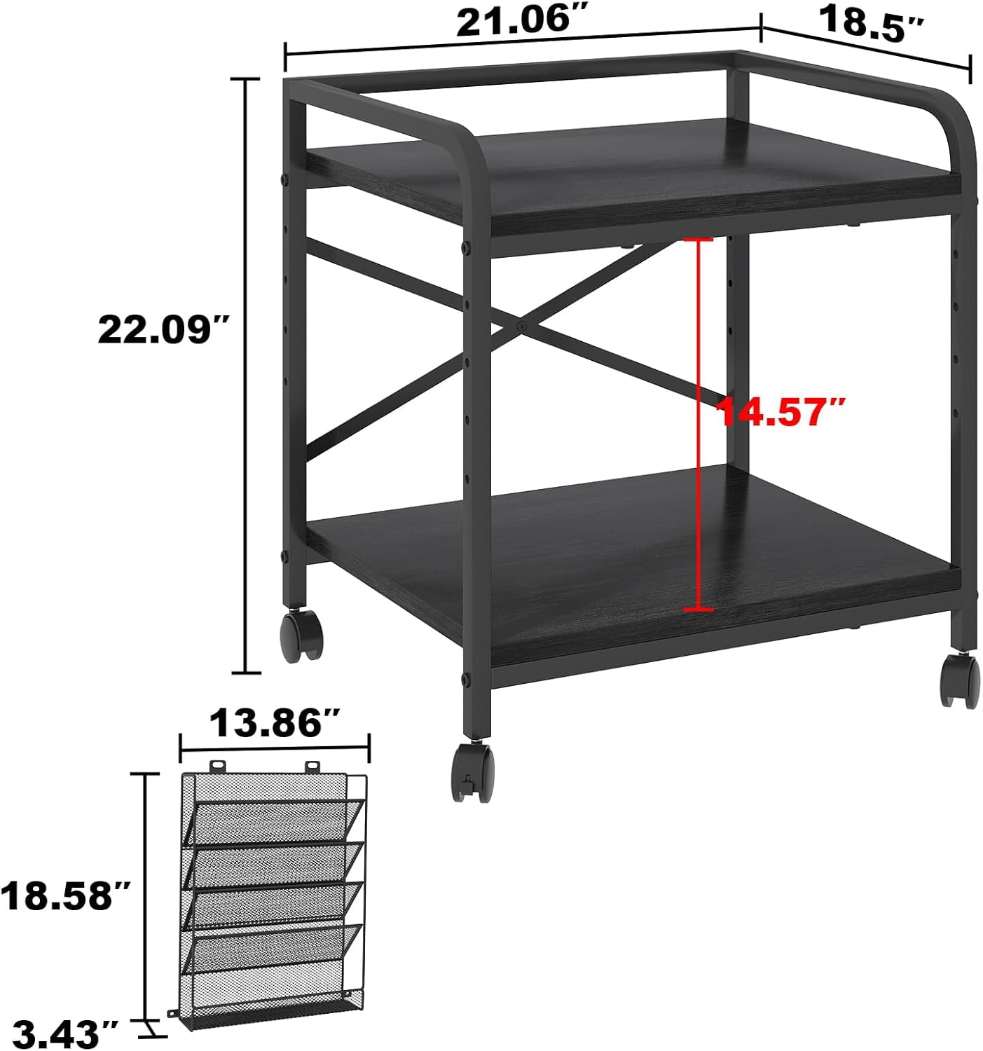 POAO Large Printer Stand with File Holder Organizer, Adjustable Height Shelf with Wheels, Rolling Printer Cart with Storage for Home Office,Black