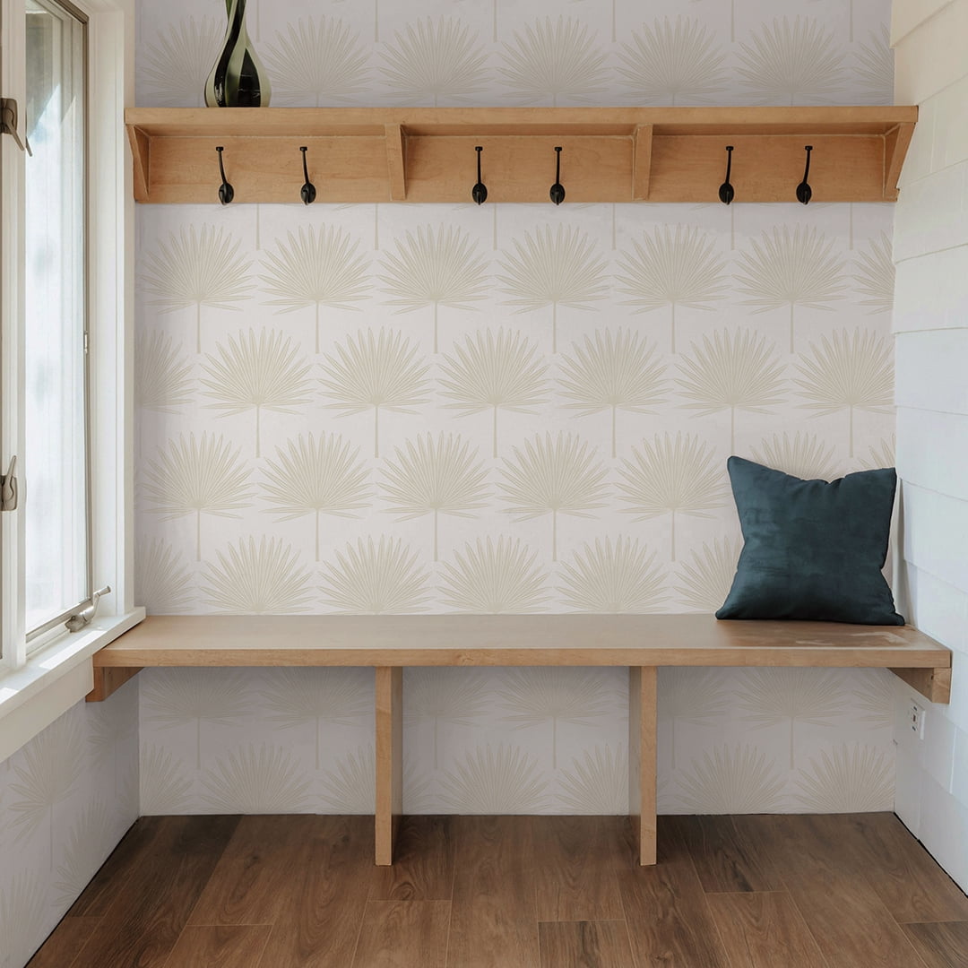 Stamped Palm Beige and Off-White Peel and Stick Wallpaper, 20.5" x 16.5'
