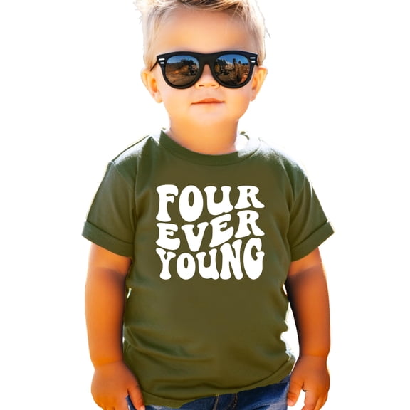 Retro Four Ever Young Shirt for Boys & Girls Groovy 4th Birthday T-Shirt for Kids Military Green Shirt 4T