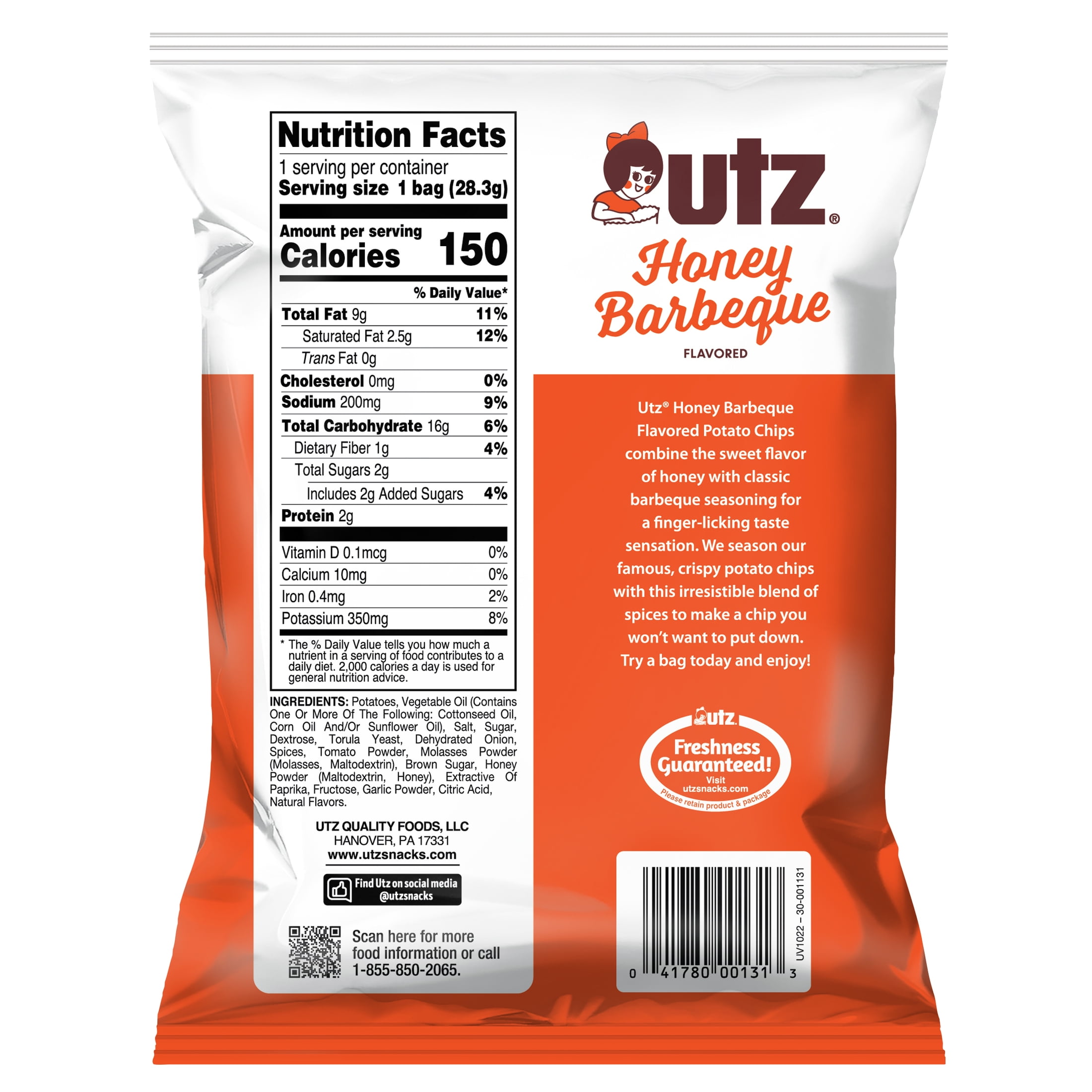 (6 pack) Utz Honey Barbeque Potato Chips, Gluten-Free, 1 oz Bag