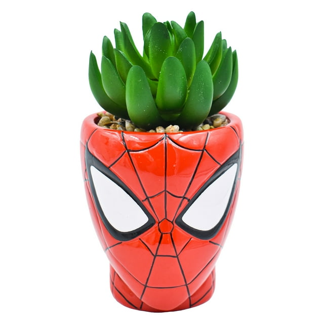 Maceta Decorativa Cerámica con Planta Artificial, Diseño Spider Man en 3D, Maceta Decorativa para Hogar, Escuela u Oficina