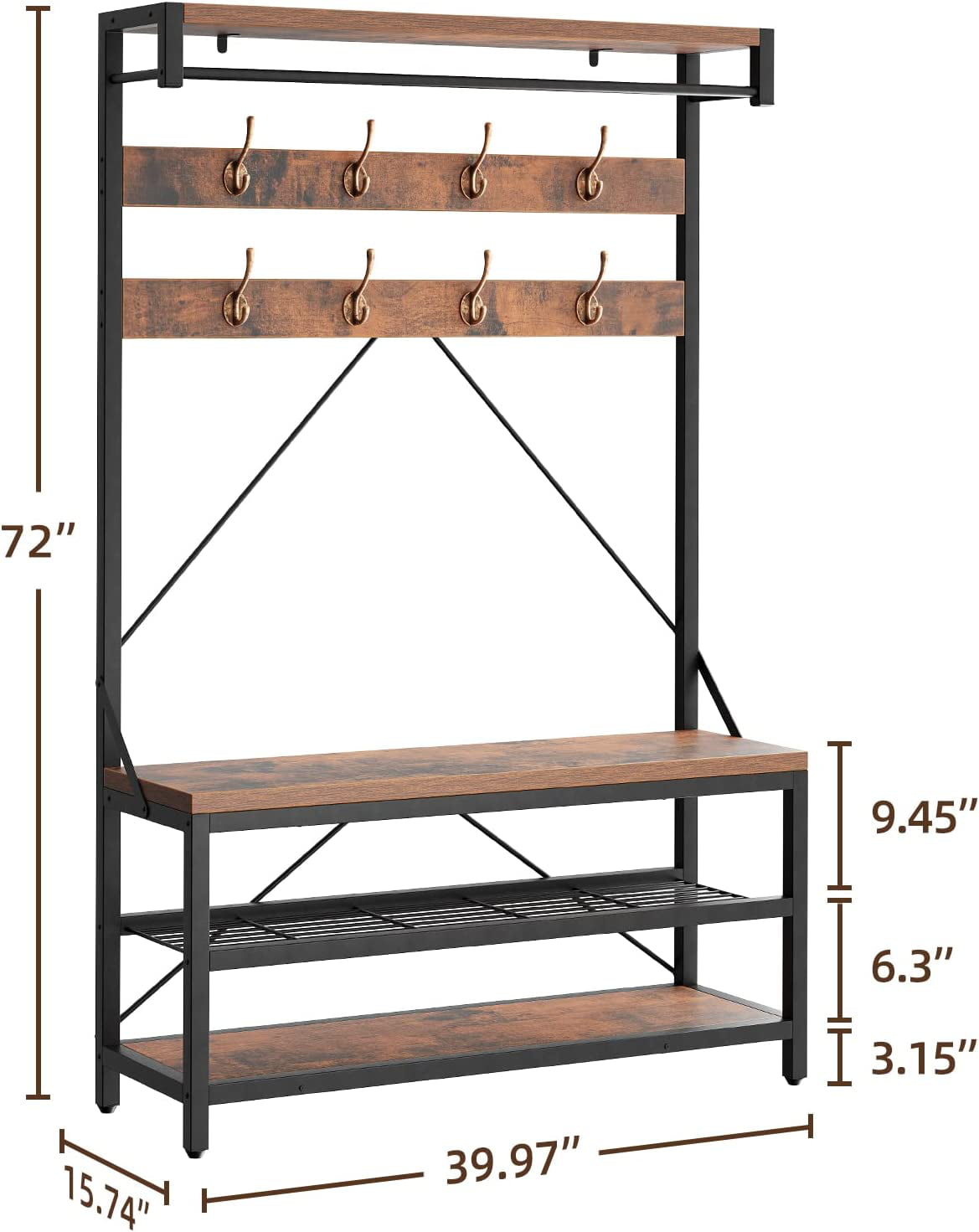 TIYASE Coat Rack Shoe Bench, 4-IN-1 Hall Tree with Side Storage Shelves and Shoe  Storage, Large Entryway Coat Stand Shoe Rack with 5 Hooks, Industrial Wood  Look Accent Furniture Metal Frame,Rustic 