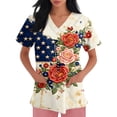 thumbnail image 3 of 4th of July Scrub Tops Women Plus Size Loose Short Sleeve Red White and Blue Print Scrub Shirts V Neck Independence Day Patriotic Scrubs Nursing Workwear Medical Nurse Uniform with Pockets Beige 2XL, 3 of 4