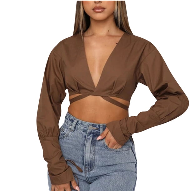 Camisas Para Mujer Nuevo Color Sólido Cuello en V Correas Recortadas Ombligo Corto Casual Cremallera Trasera Cárdigan Moda Camisa de Manga Larga Odeerbi ODB129879