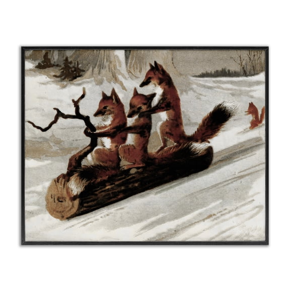 Stupell Industries Rustic Lodge Foxes Sledding on Log Black Framed Giclee Art, 14 x 11, by Arlington Prints