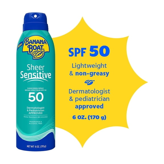 Banana Boat Sheer Sensitive Sunscreen Spray SPF 50, Sunblock for Kids & Adults, 6 Oz