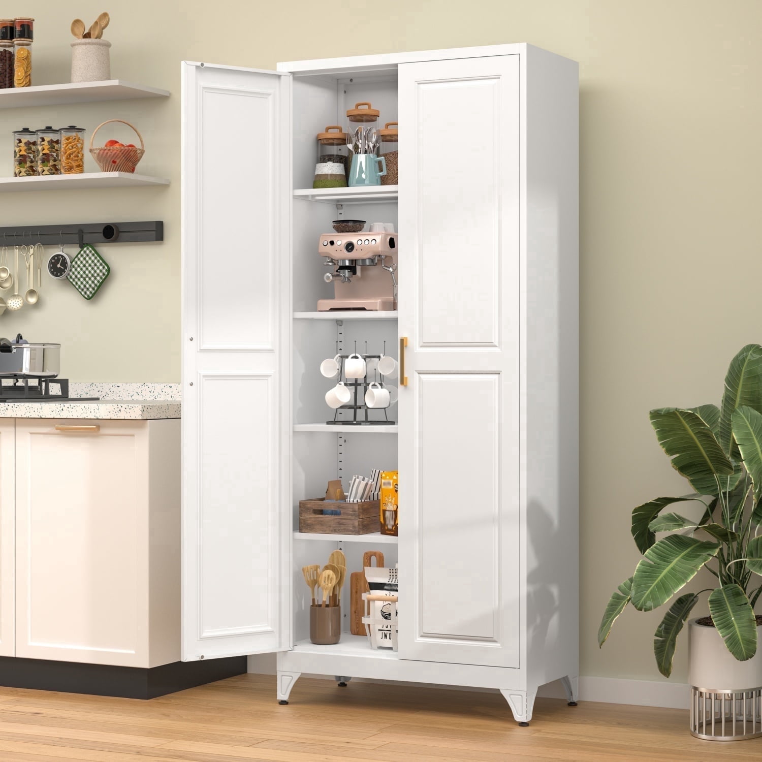 Polup 75" Height Metal White Storage Cabinet, Modern Tall Steel Pantry Cupboard with 2 Doors and Adjustable Shelves for Kitchen Garage and Home