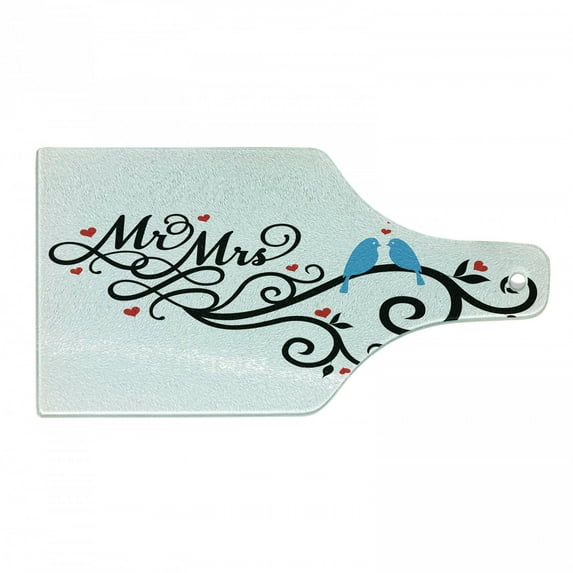 Wedding Cutting Board, Mr. and Mrs. Swirled Branches Hearts Love Birds Happiness Simplistic Design, Tempered Glass Cutting and Serving Board, Wine Bottle Shape, Red Blue Black, by Ambesonne