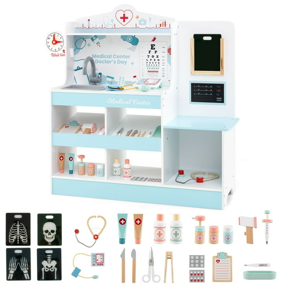Patiojoy Wooden Doctor Playset Role Play Medical Toy w/Stethoscope ECG Monitor, X-Ray Film Blue