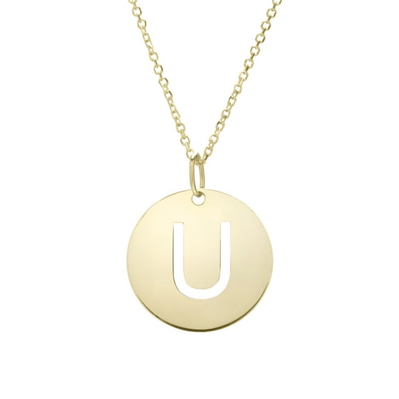 14k Yellow Gold Initial Letter U Round Pendant Necklace, 18"
