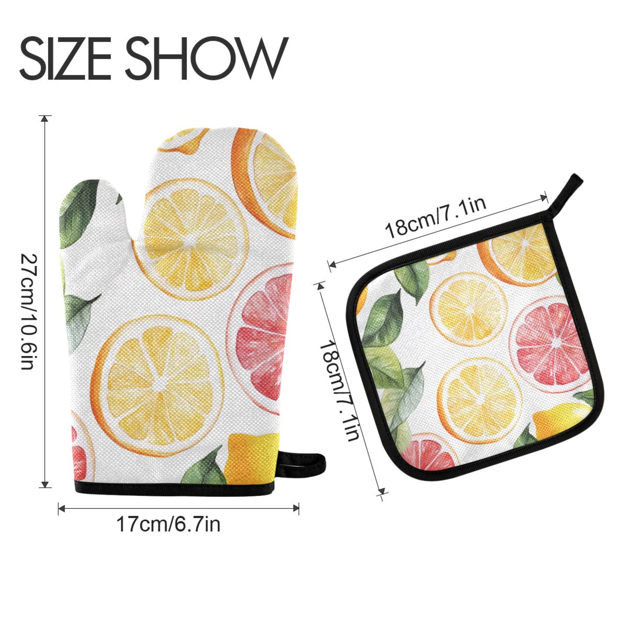 Yayeee Oven Mitts and Pot Holder Set of 4 Heat Resistant Kitchen Gloves Baking Hot Pad, Grapefruit Slices
