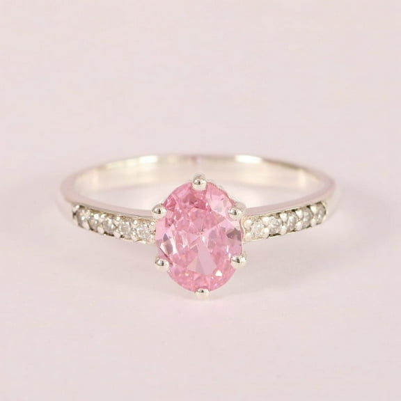 Oval Pink Sapphaire & Diamond Ring, 925 Starling Silver Ring, Birthstone Ring, Delicate Ring, Promise Ring, Stackable Anniversary Ring, Fine Jewelry